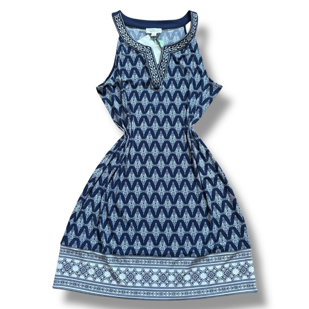 NWT Magnolia Grace Blue White Alhambra Embroidered Trim Knit Dress - Size Large